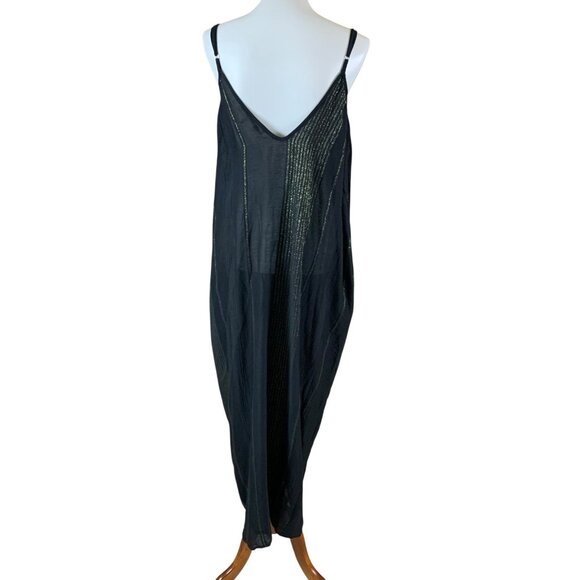 Elan Black Gold Metallic Striped Maxi Slip Dress Spaghetti Strap XS Pockets - Picture 3 of 5
